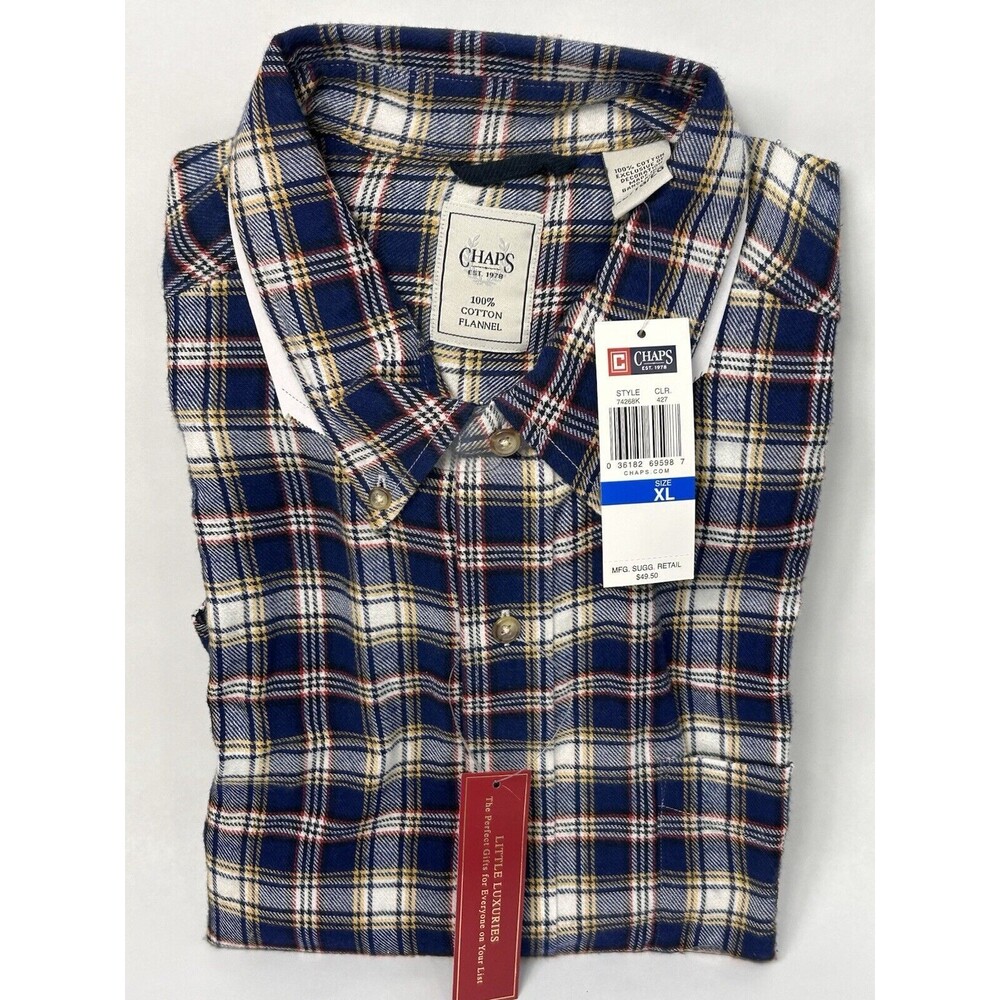 Chaps Mens Shirt Flannel XL 100% Cotton Blue Long Sleeve Plaid Button Up